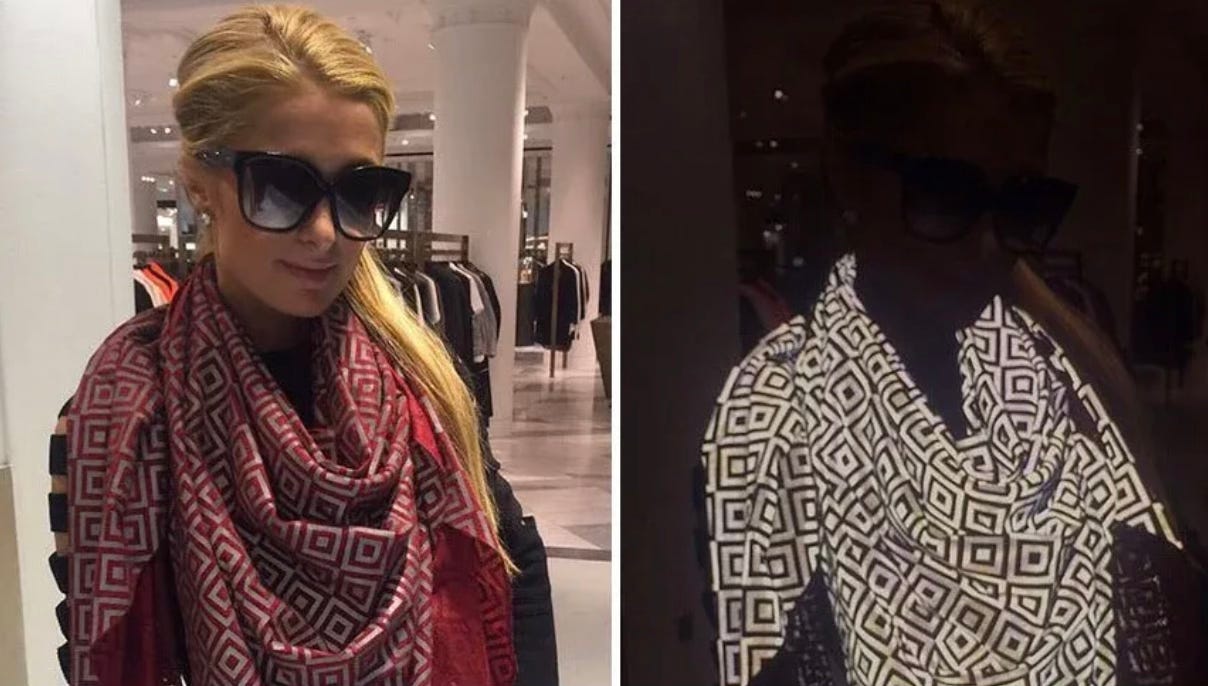 Photo of Paris Hilton wearing a patterned scarf